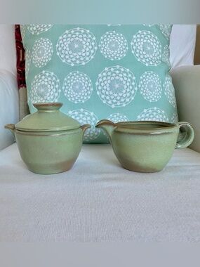 VTG Frankoma Pottery Prairie Green Cream and Sugar Set MCM